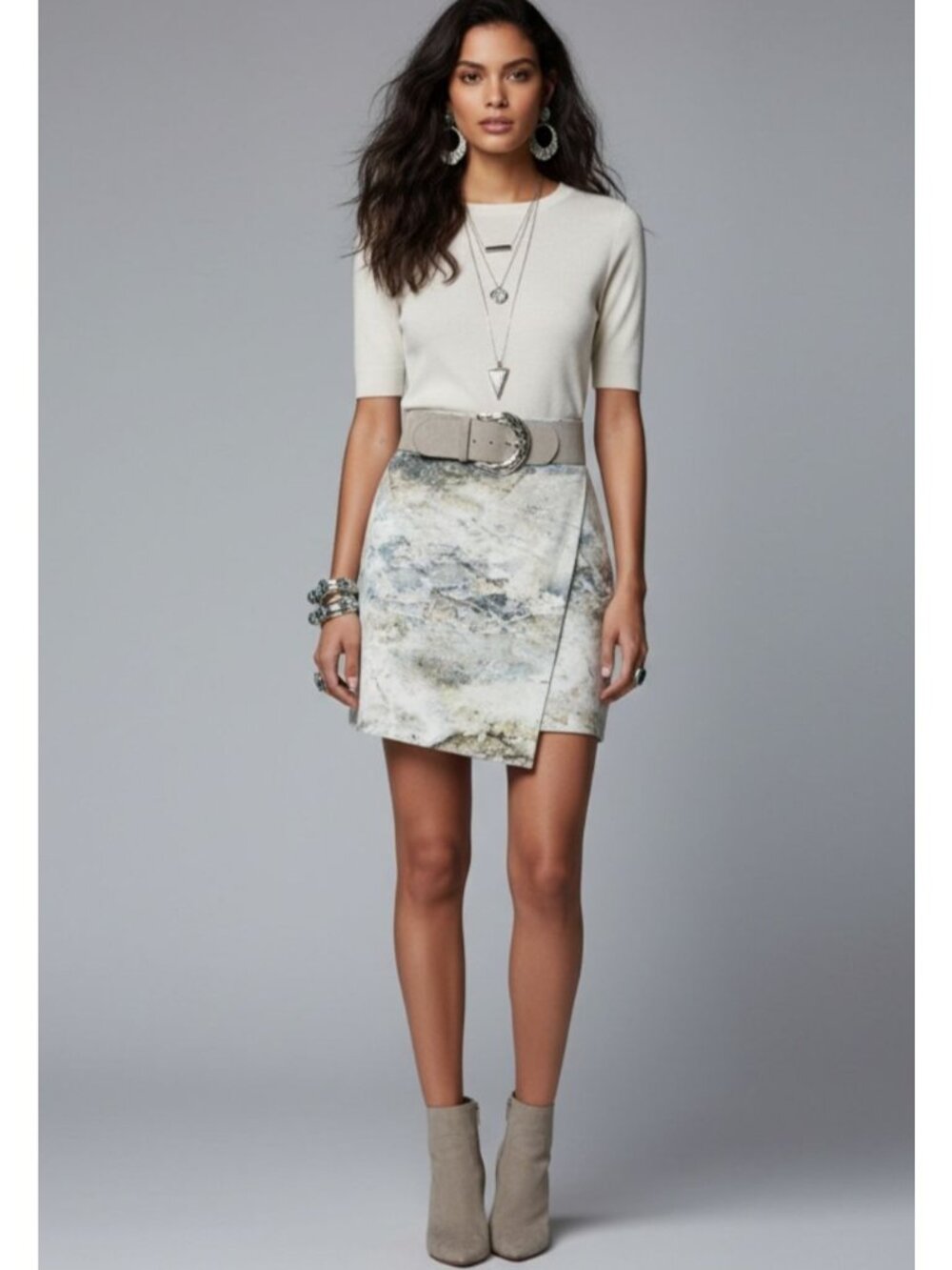 Karen Kane Seascape Boho Chic Marble Print Artsey Wrap Style Skirt Avant guard L